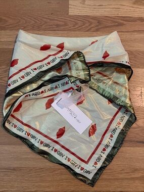 Metallic Sheer Square Scarf with Red Lip Print